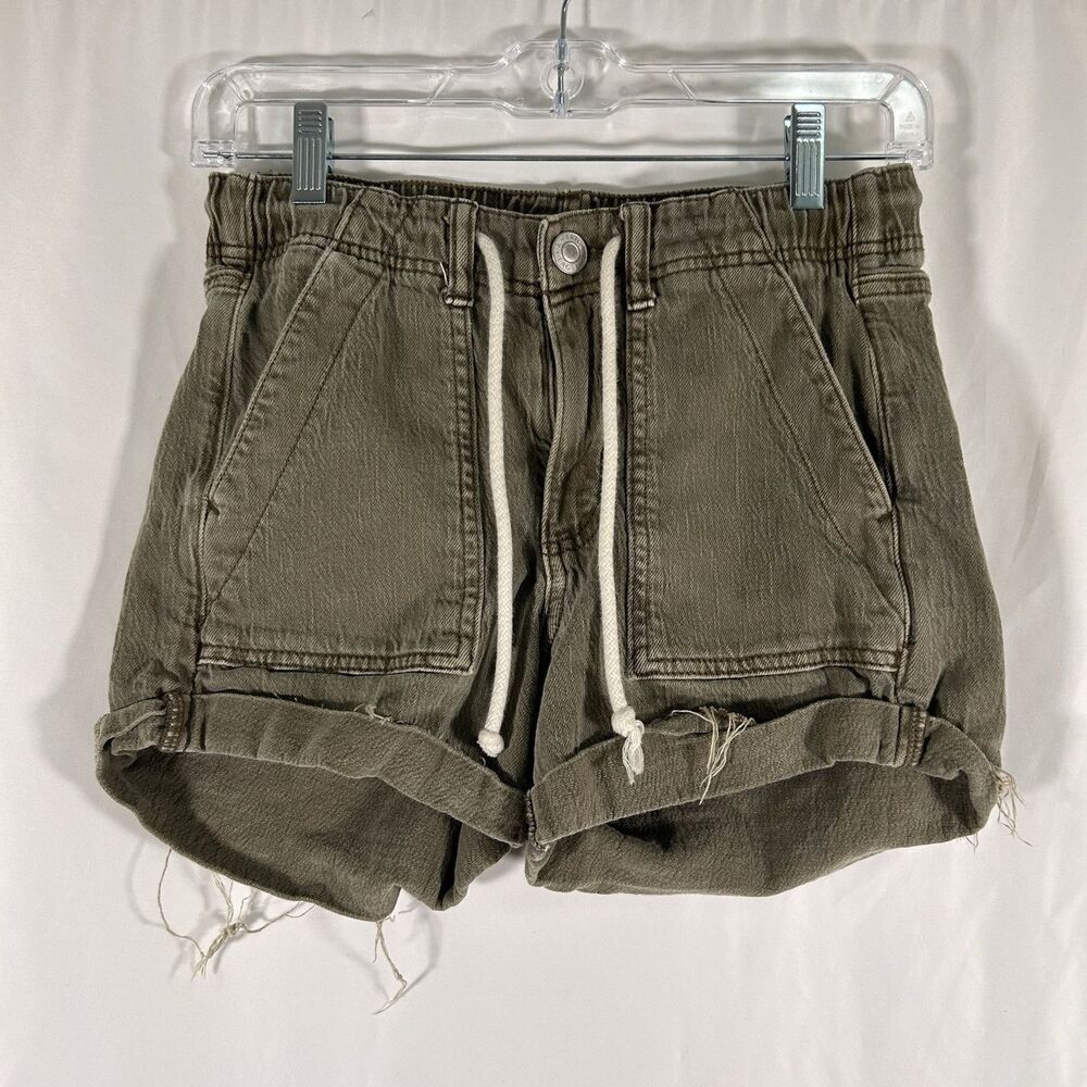 Amercian Eagle Shorts Women's 00 Green Rolled Hem Drawstring Button Zip Stretch